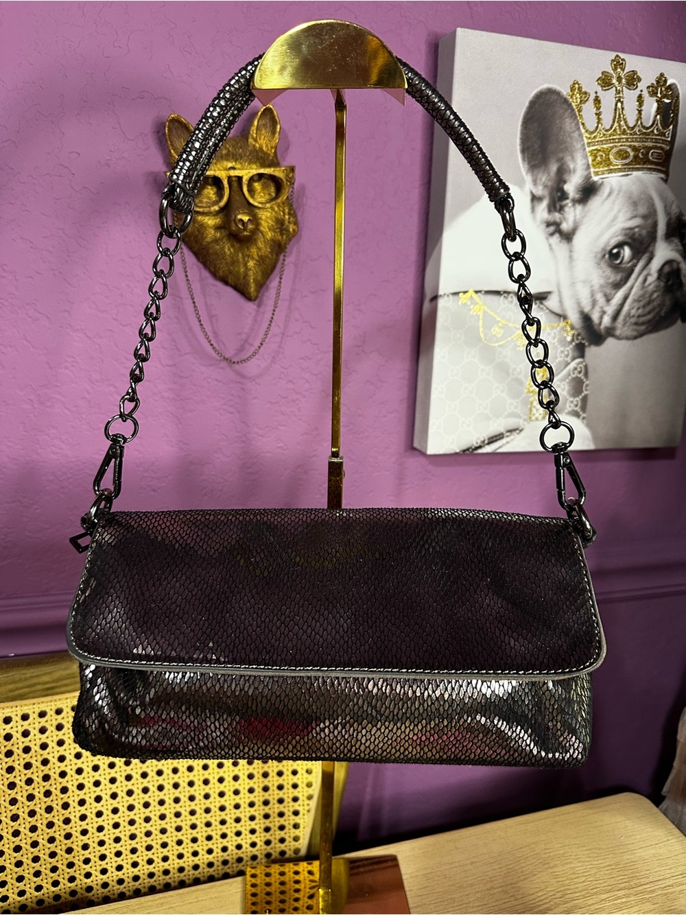 Sleek Metallic Black Shoulder Bag with Chain Strap
